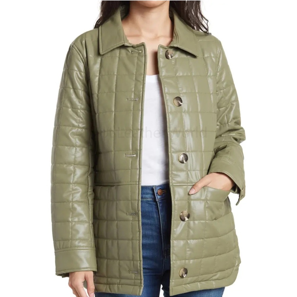 Sam Edelman Coat Jacket Large Sage Green Quilted Vegan Faux Leather Button Front